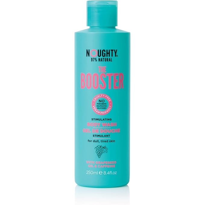 غسول الجسم Naughty 97٪ Natural The Booster للبشرة الباهتة والمتعبة، مع زيت العنب والكافيين، وغسول الجسم النباتي الخالي من الكبريتات 250 مل